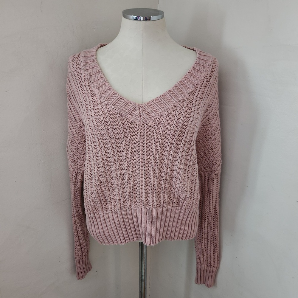 Aeropostale Womens Pink Shaker Stitch V-Neck Chunky Knit Sweater Medium